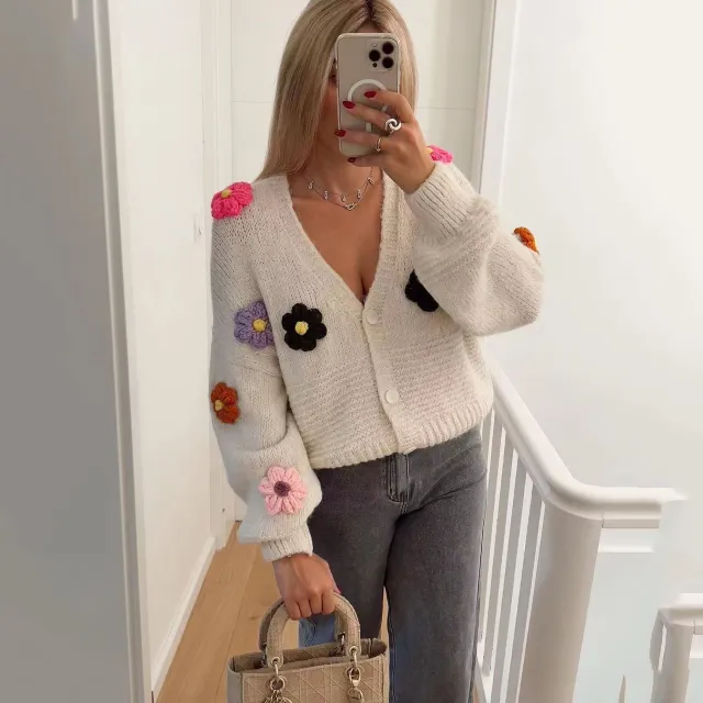 Design Flower Embroidery Contrast Color Button V neck Sweater Inner Wear Outer Wear Ls3198 White - Shop at LoveMi