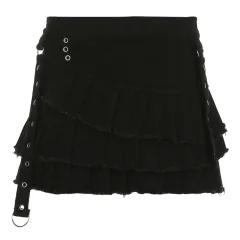 Metal Buckle Irregular Pleated Denim Skirt - Black - View 1