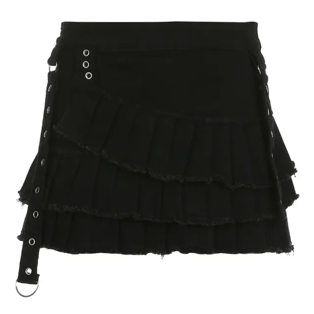 Metal Buckle Irregular Pleated Denim Skirt Black - Shop at LoveMi