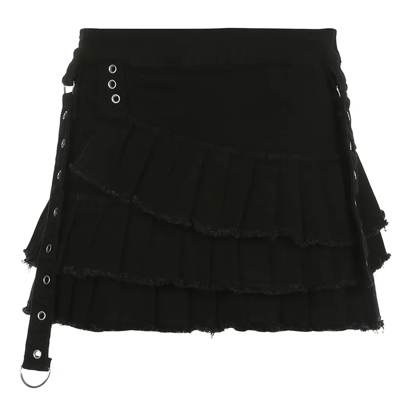Metal Buckle Irregular Pleated Denim Skirt - Black