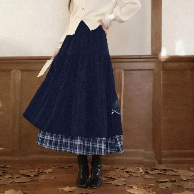 Thickened Japanese style High waisted Slimming Bow A line Long Skirt Blue - Shop at LoveMi