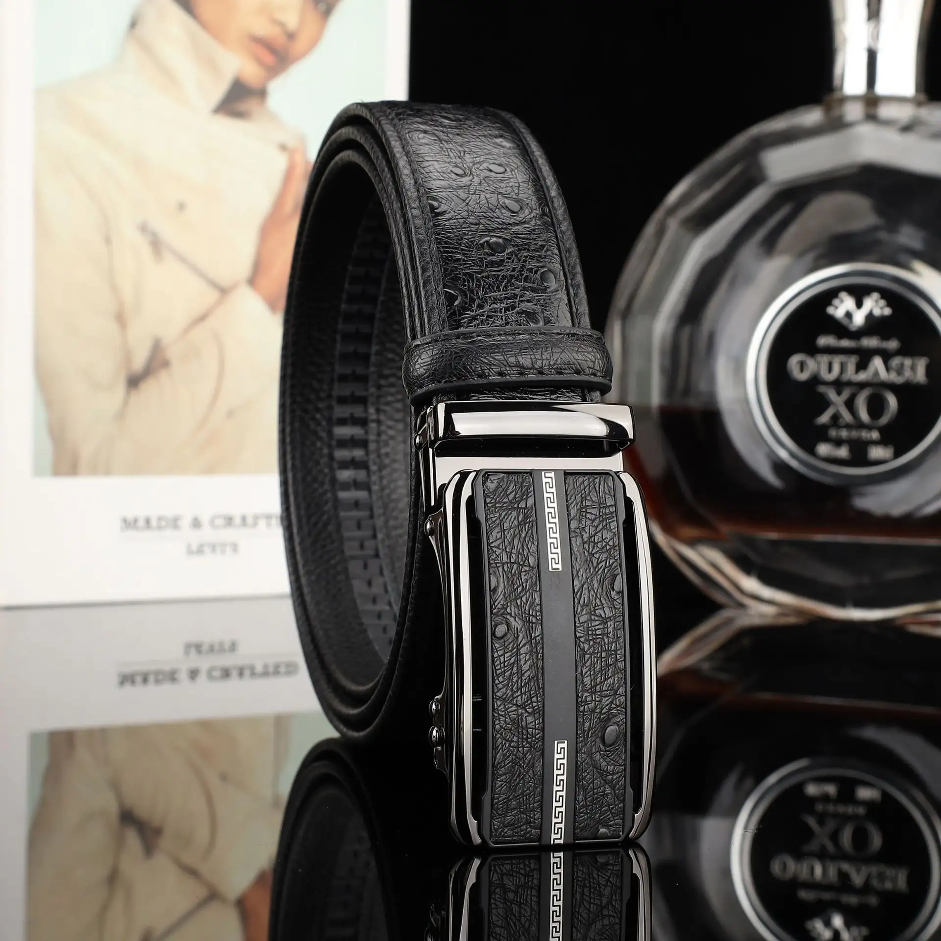 Automatic-buckle Ostrich-patterned Fashionable Casual All-match Genuine Leather