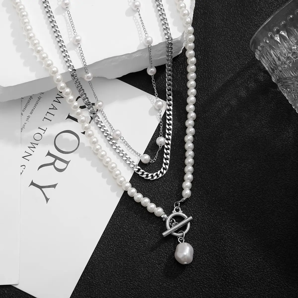 Men's OT Buckle Pearl Chain Necklace Three-piece Set