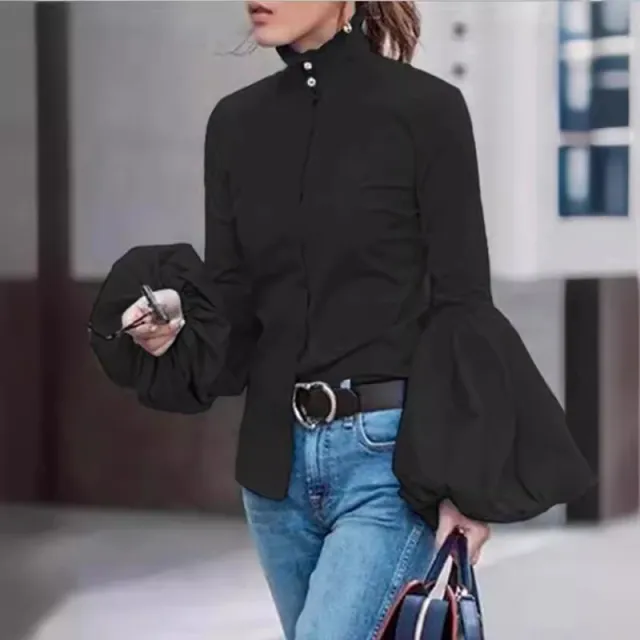 Stand Collar Puffy Sleeve Tup Cardigan Long Sleeve Lapel Shirt Black - Shop at LoveMi