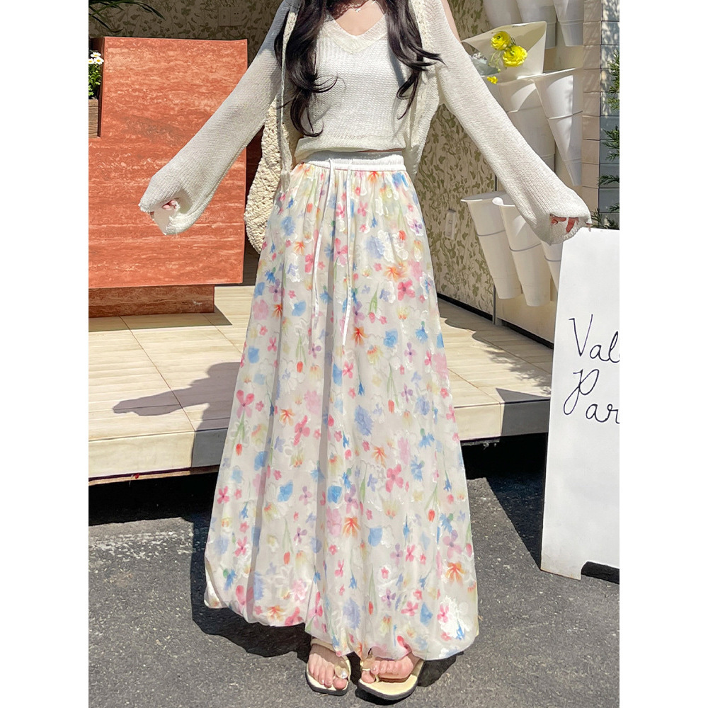 High-Waisted Cloud Print Midi Puffy Skirt – Contrast Color