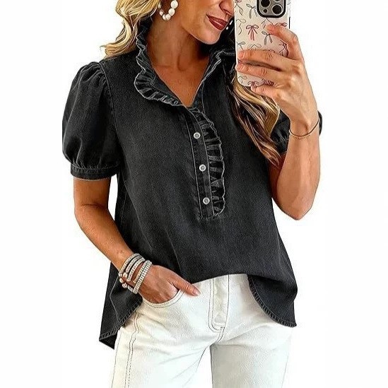 Bubble-sleeve Denim Shirt Top For Women