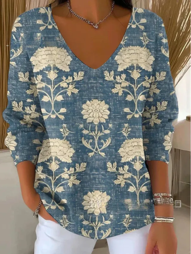 Printed Women's Gradient Color V neck Long sleeved T shirt Ln25090307 - Shop at LoveMi