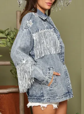 Multicolor Denim Coat Star Sequins Tassel Jacket Blue - Shop at LoveMi