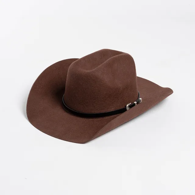 Belt Buckle Wide Brim Curling Wool Cowboy Hat Light Coffee - Shop at LoveMi