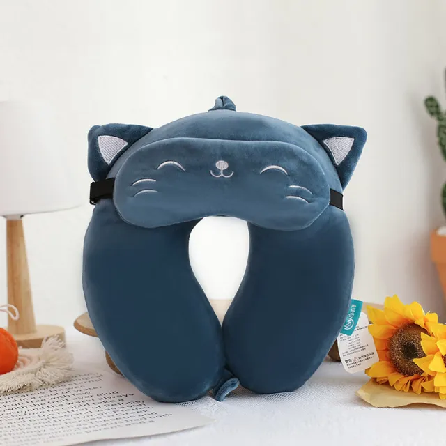 Memory Foam U shaped Pillow Cat Eye Mask Blue - Shop at LoveMi