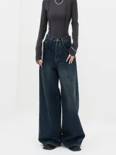 Women's American-style Retro Dark Straight Jeans - Dark Blue - View 1