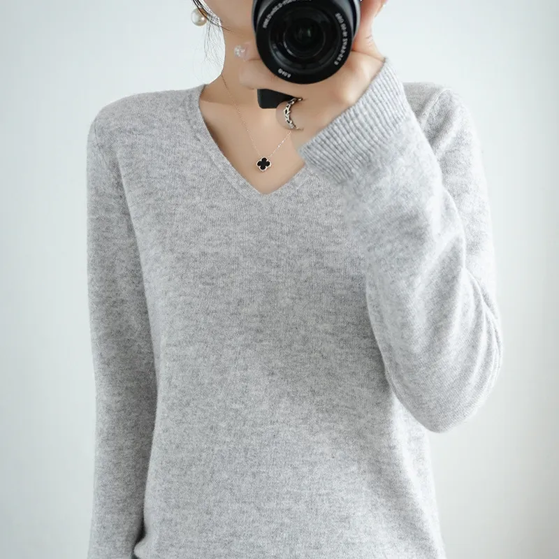 Sweater Short Plus Size Pullover Bottoming Shirt - Gray V Neck
