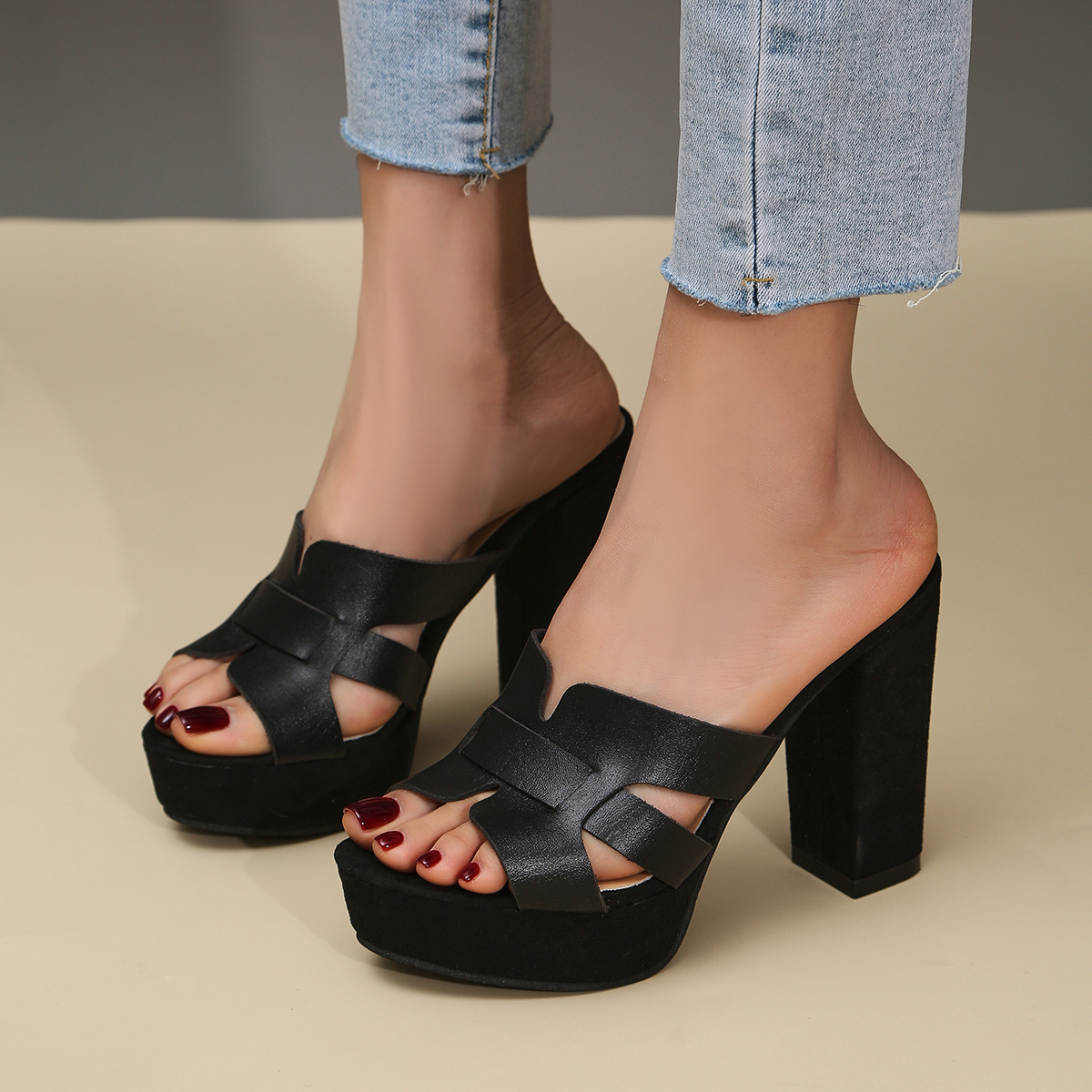 Fish-mouth Womens Chunky-heel Roman Sandals