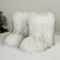 European And American Imitation Raccoon Fur Winter Warm Mid-calf Women's Shoes - Black - View 1