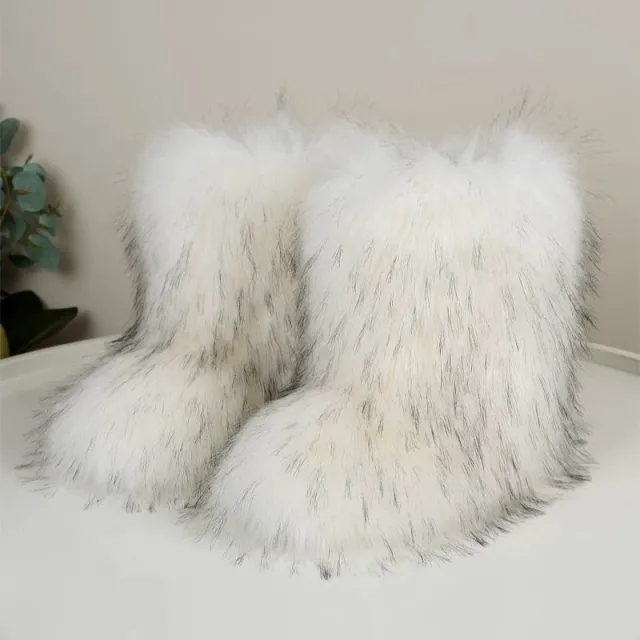 European And American Imitation Raccoon Fur Winter Warm Mid calf Women's Shoes Black - Shop at LoveMi