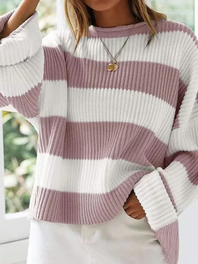 Women's Bell Sleeve Loose Sweater Striped Pink - Shop at LoveMi