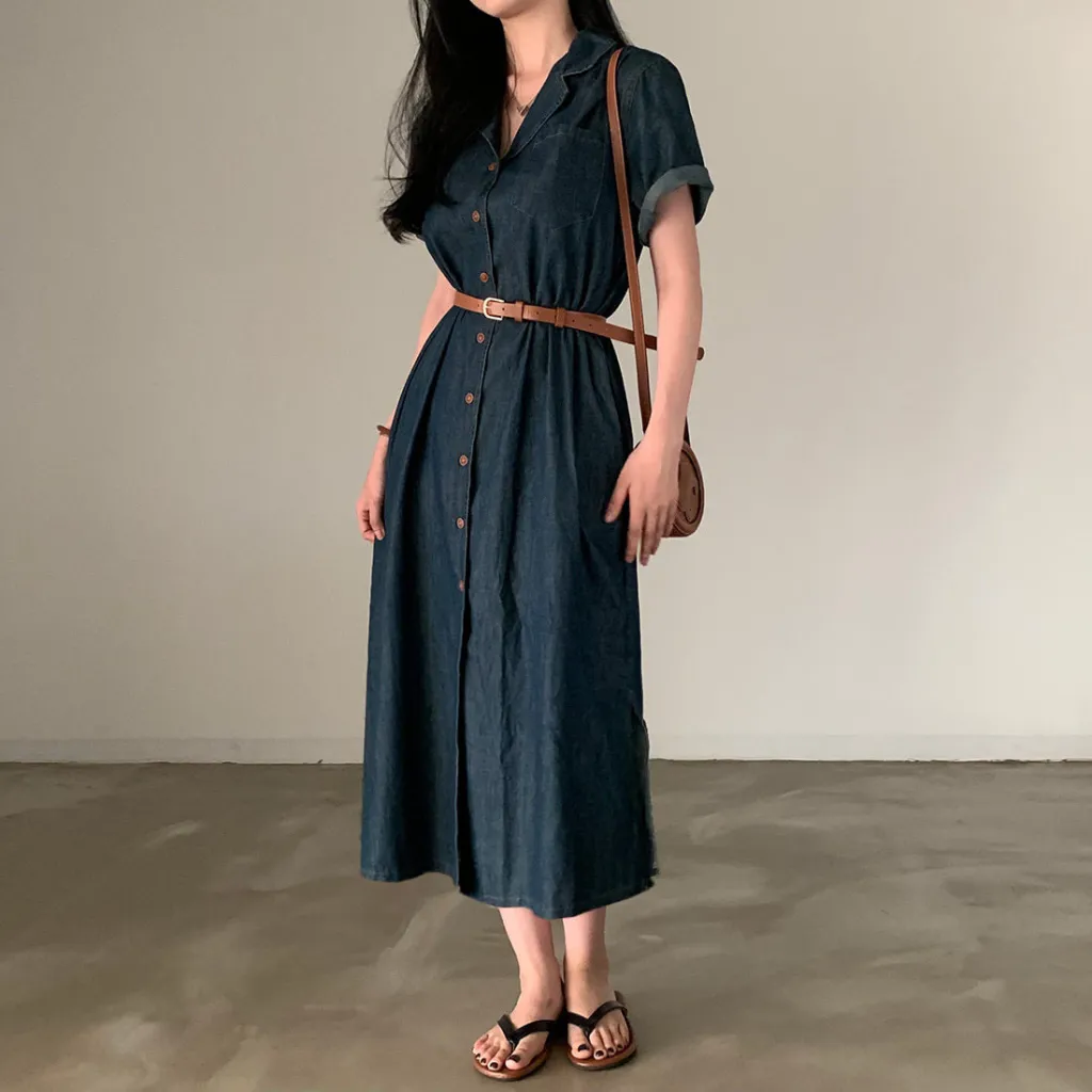 Korean Style French Style Retro Lapels Short Sleeve Denim Dress - Dark Blue
