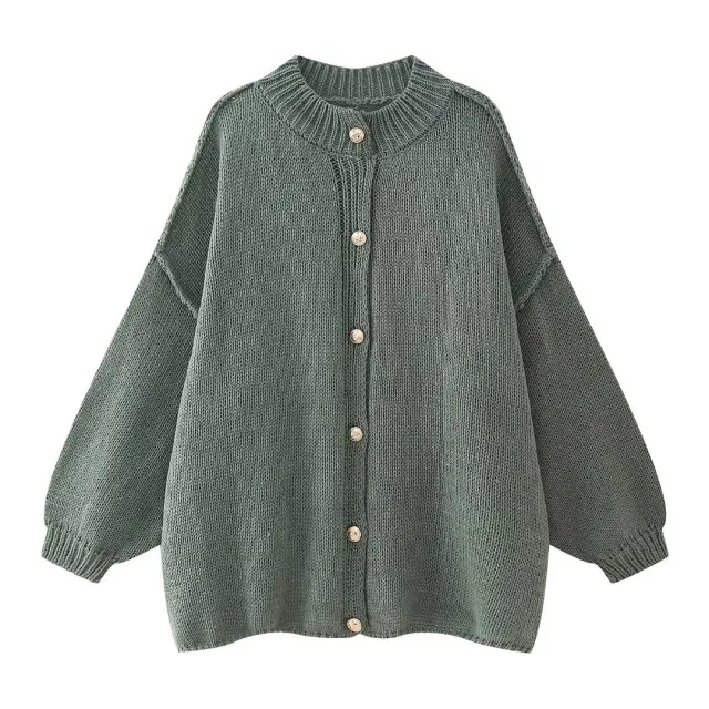 French Fashion Loose Round Neck All matching Metal Button Cardigan Sweater Green - Shop at LoveMi