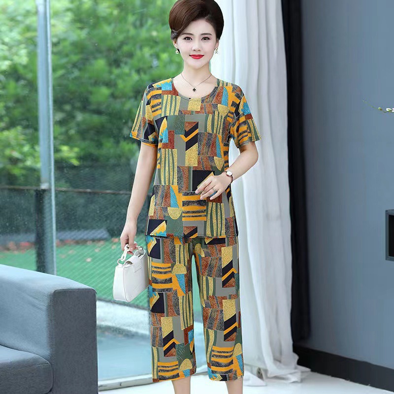 New Plus Size Loose Elastic Short Sleeve Two-piece Suit Middle-aged And Elderly Casual Homewear
