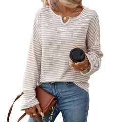 Women's Autumn Striped Waffle Knitted T-shirt - Apricot - View 1