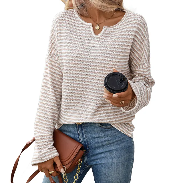 Women's Autumn Striped Waffle Knitted T shirt Apricot - Shop at LoveMi