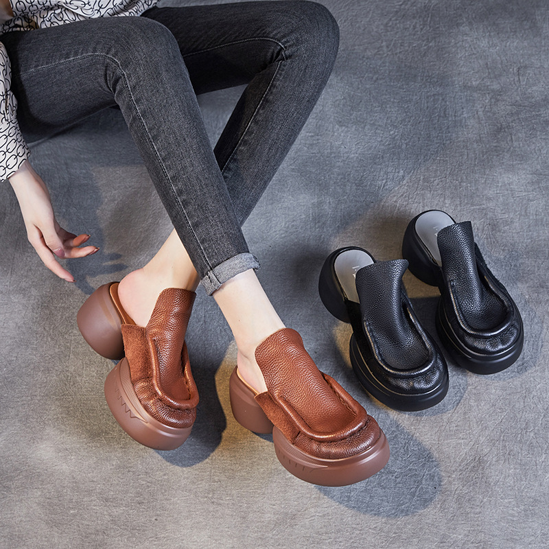 First-layer Cowhide Edgy Platform Soled Outdoor Ready Half Slipperstrendy