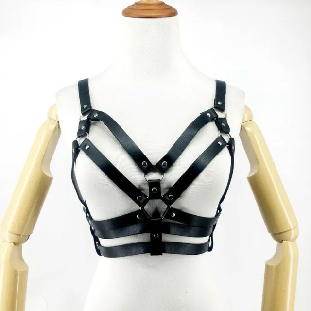 Women's Leather Bra Clothing With Body Chains Ornament Black - Shop at LoveMi