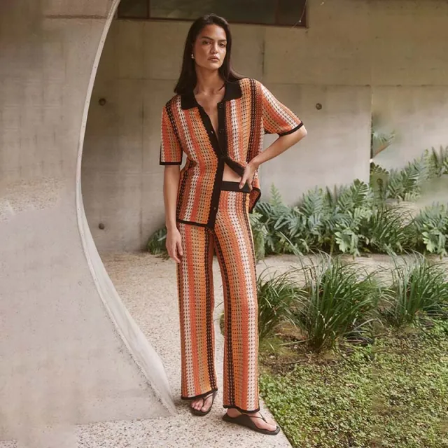 Suit Women's Knitted Vintage Stripe Trousers Orange - Shop at LoveMi
