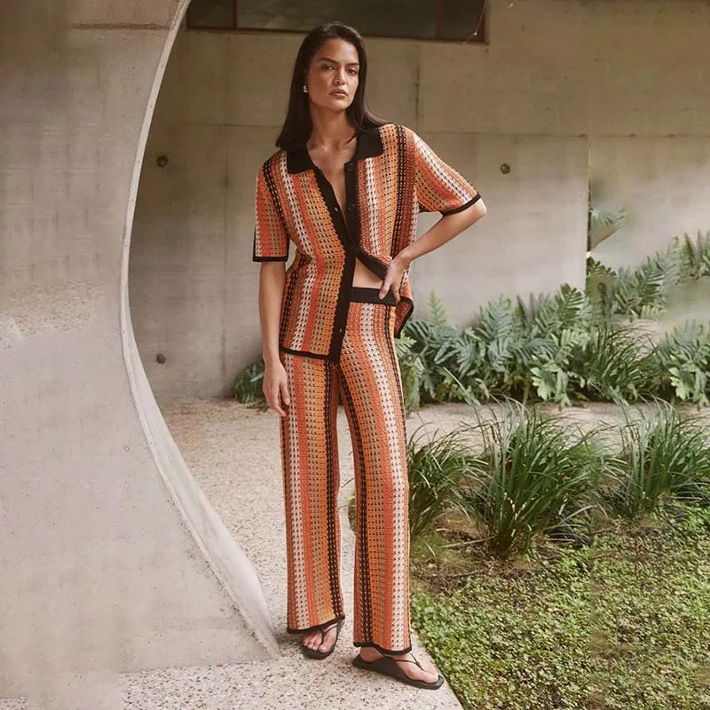Suit Women's Knitted Vintage Stripe Trousers - Orange