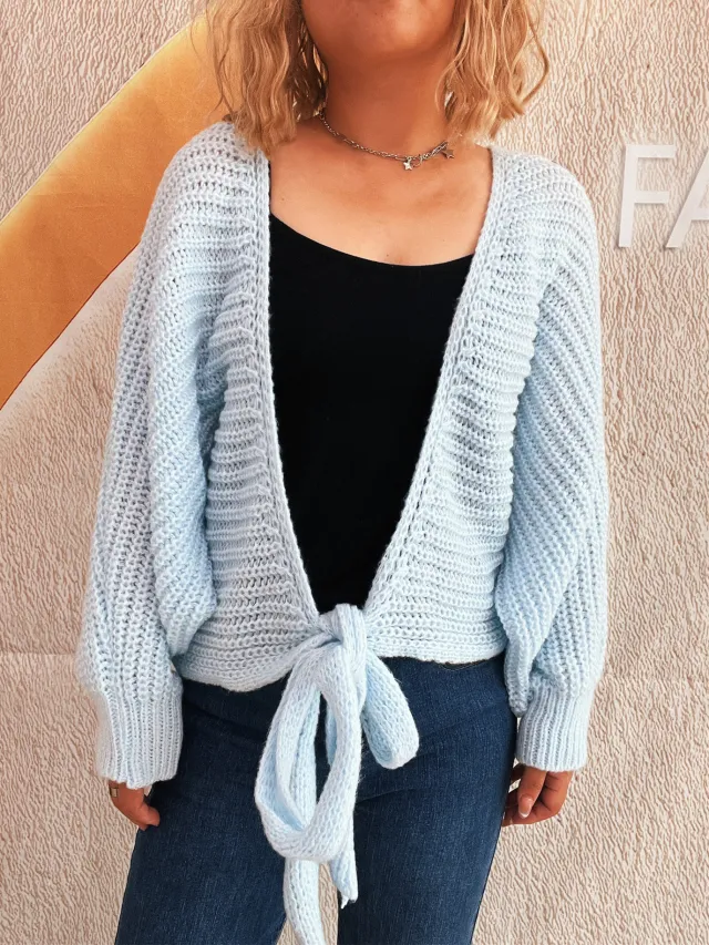 Commuter Deep V Lace up Long Sleeve Knitwear Cardigan Coat Sweater Blue - Shop at LoveMi
