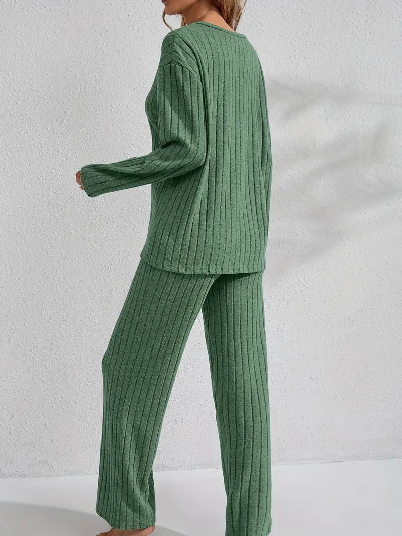 Women’s Ribbed Long Sleeve Top and Pants Loungewear Set