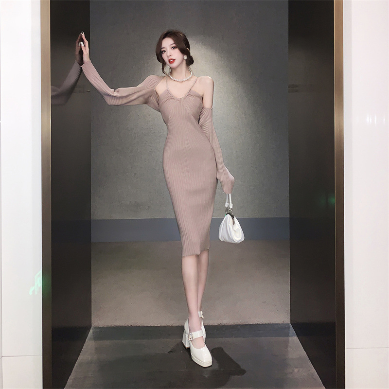 Slim-fit Long Halterneck With Suspenders Dress Long-sleeved Shawl Two-piece Suit Skirt