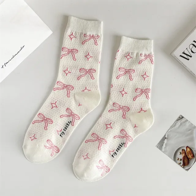 Three dimensional Curling Polka Dot Bow Female Ballet Style Pure Cotton Mid calf Length Socks Pink - Shop at LoveMi