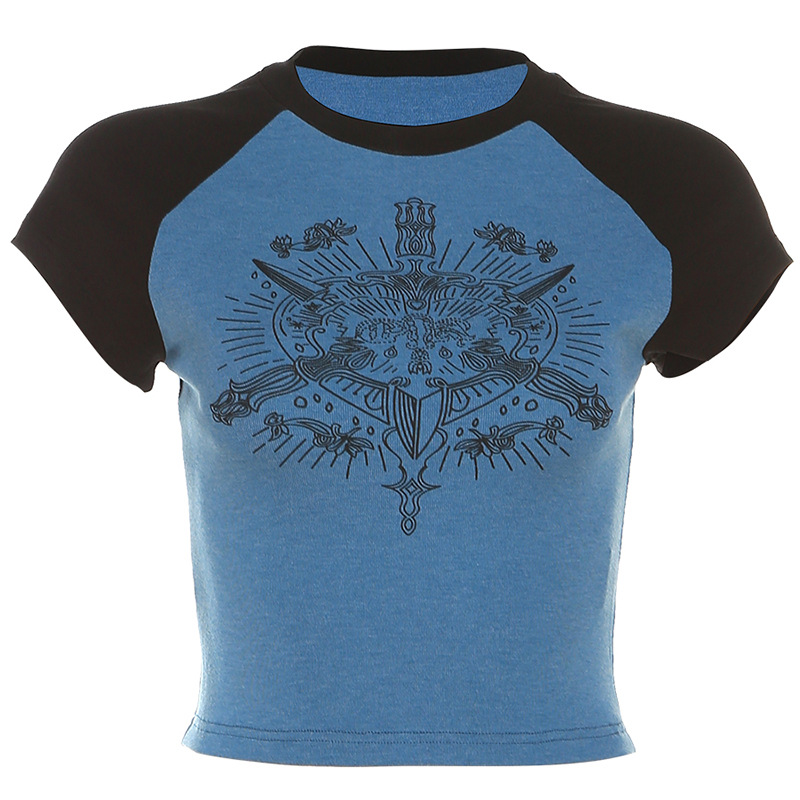 Fashion Round Neck Multicolor Slim fit Printed Short Sleeve Blue - Shop at LoveMi