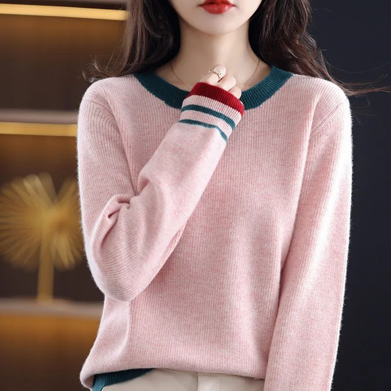Women's Plus Size Color-block Crew Neck Sweater - Flower Pink