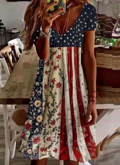 Casual V-neck Printed Swing Women's Dress - Black Line 3E238 - View 1