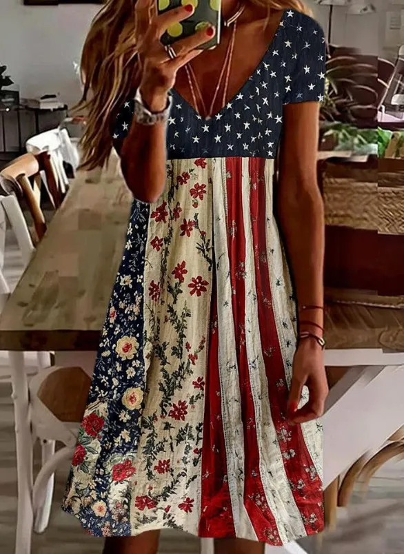Casual V-neck Printed Swing Women's Dress - Black Line 3E238