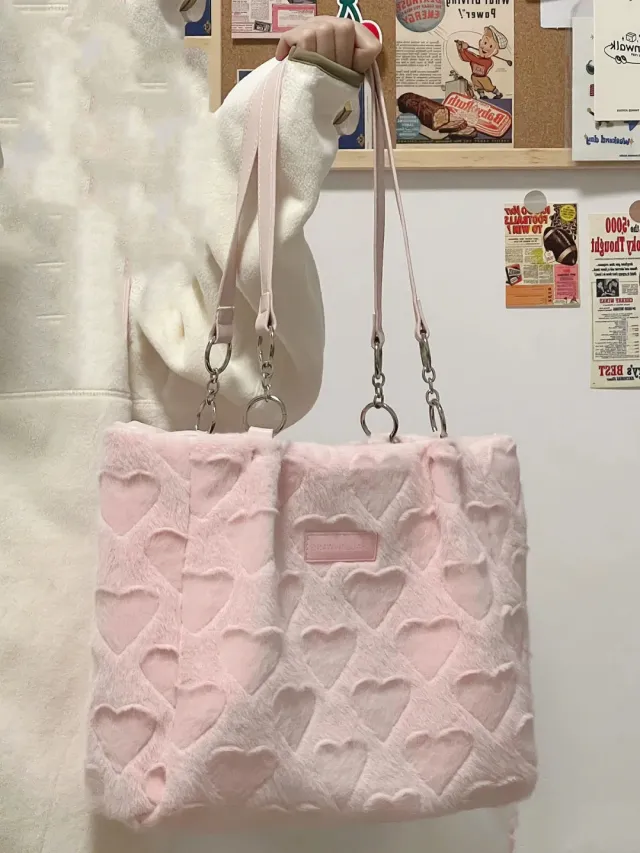 New Large capacity Love Furry Shoulder Bag Pink - Shop at LoveMi