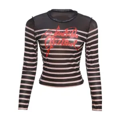 Mesh Digital Printing Contrast Colour Round Neck Slim-fit Street Shot Top - Black - View 1