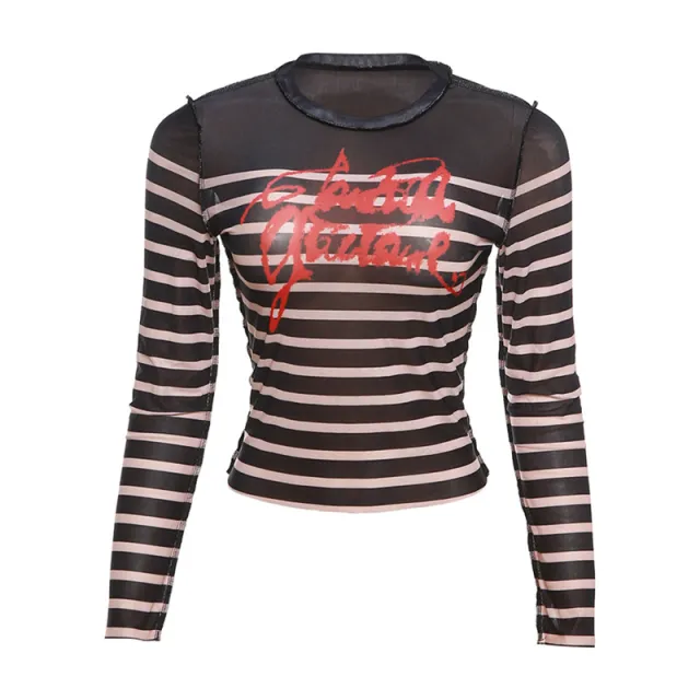Mesh Digital Printing Contrast Color Round Neck Slim fit Street Shot Top Black - Shop at LoveMi