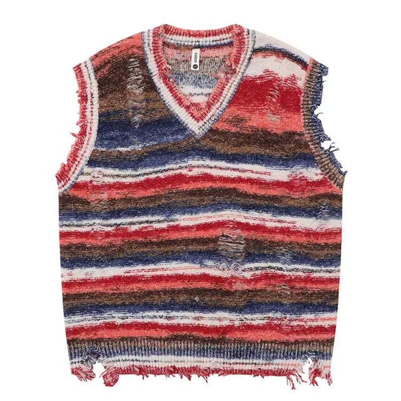 Retro Relaxed Color-block Striped Sleeveless Knit Vest