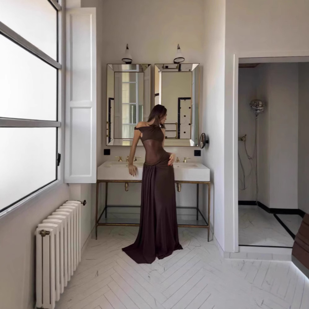 Womens Asymmetrical Dress With A Slanted Neckline Off-the-Shoulder Design And A Tied Waist