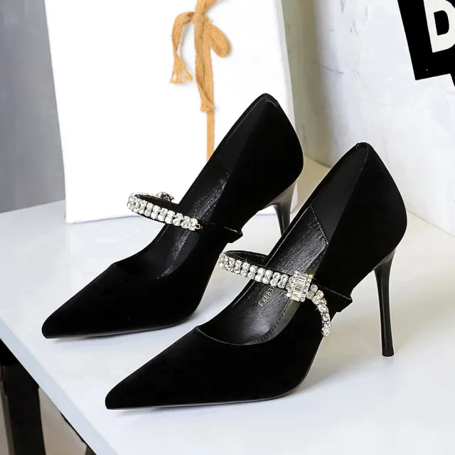 Pointed Toe Shallow Vamp Single Shoes With Rhinestone Strap Suede Commuting Shoes Banquet Shoes Black - Shop at LoveMi