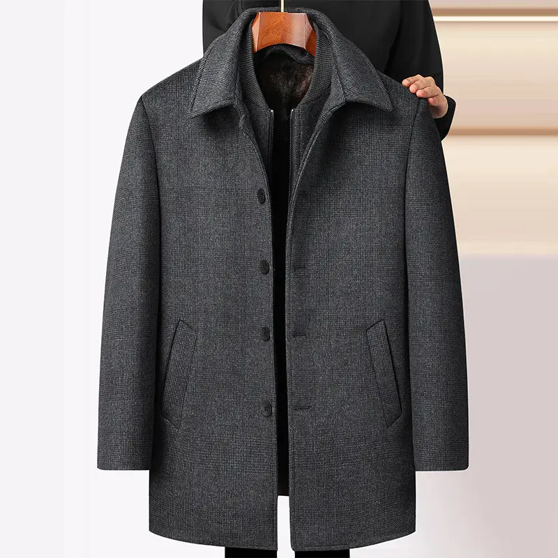 Men's Woolen Coat Mid-length Fleece Plaid Detachable