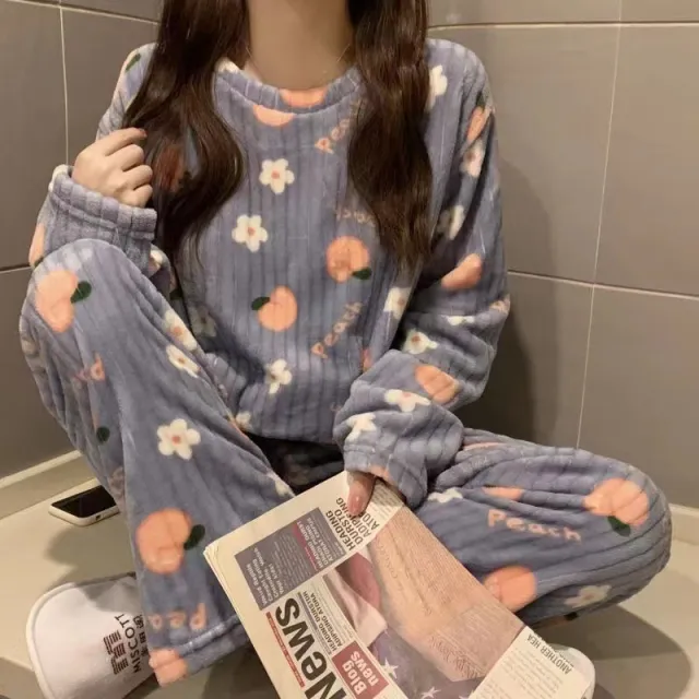 Winter Cute Fleece lined Thermal Flannel New Sweet Home Wear Suit Gray Pink Peach - Shop at LoveMi