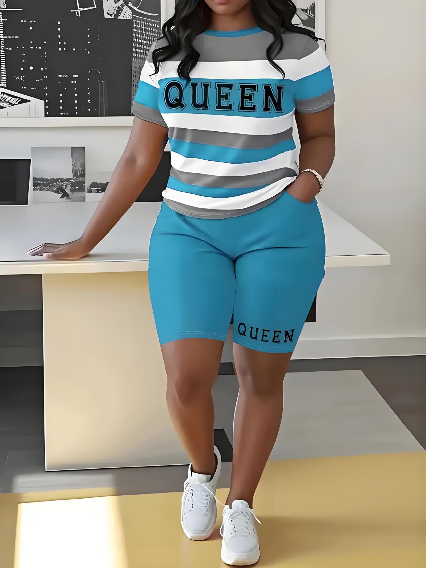 European And American T shirt Striped Letters 3D Printed Shorts Suit 1 Color 4Xl - Shop at LoveMi