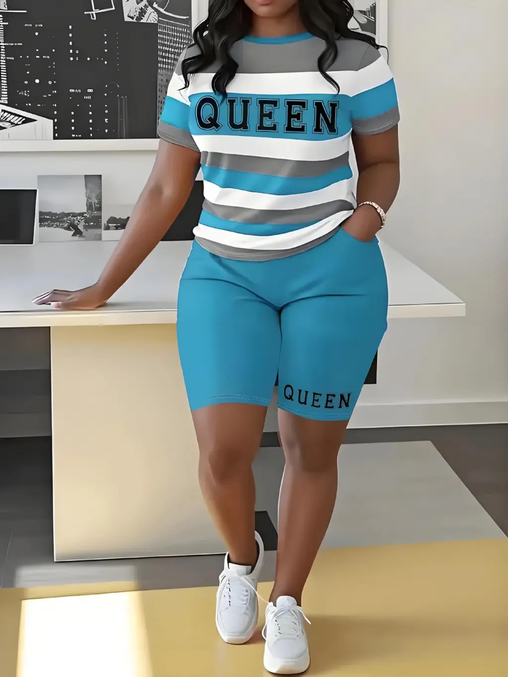 European And American T-shirt Striped Letters 3D Printed Shorts Suit - 1 Color-4Xl