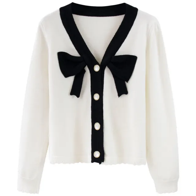 Loose Contrast Color Bow Knitted Single breasted Cardigan Sweater White - Shop at LoveMi