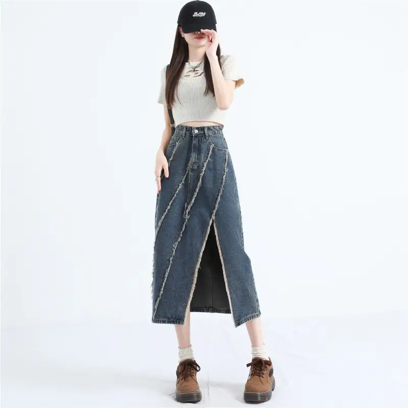 Khaki High-Waisted Raw-Hem Slit Denim Skirt Womens Summer