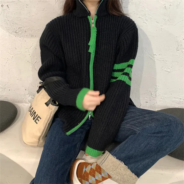 Contrast Color Striped Stitching Zipped Stand Collar Sweater Coat Black - Shop at LoveMi